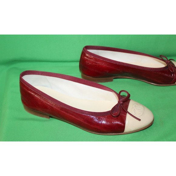 Chanel Designer Ballet Flats Burgundy Beige Logo Shoes Italy Size Women's 36.5 - Picture 4 of 14